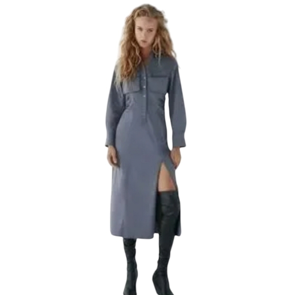 Zara Gray Blue Button Up Midi Length Shirt Dress Size Small - Picture 1 of 6